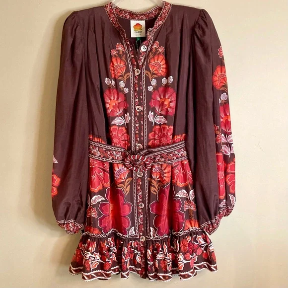SOLD FARM Rio Gigi Tapestry Brown Mini Dress Beaded Buckle Red Floral Size L - Picture 6 of 16